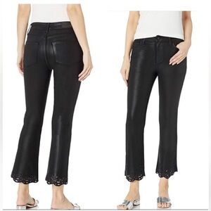 High Rise Paige Claudine Flared Jean with Rose Trim detail